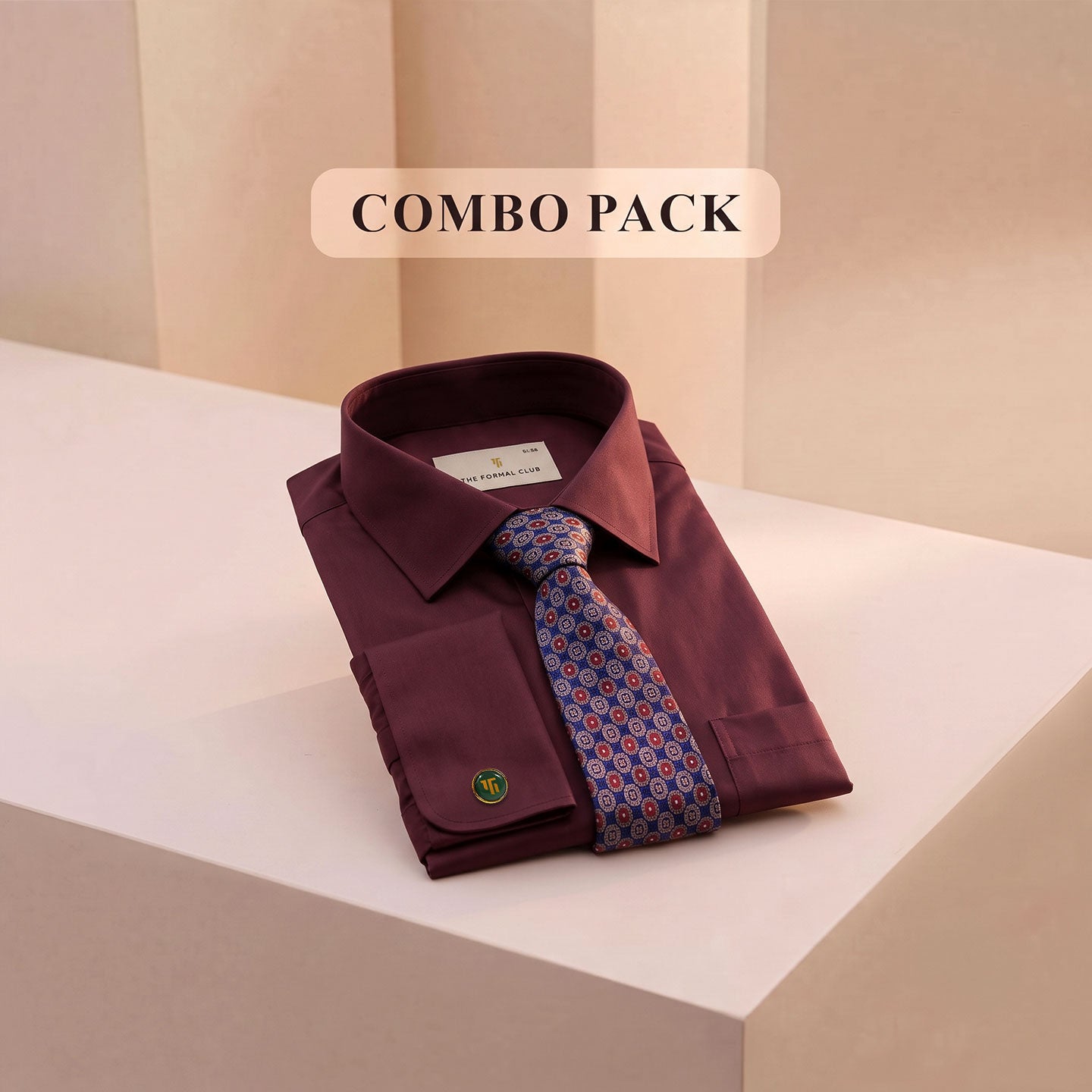 Premium Best-Seller French Cuff Giza Shirt In Wineberry & Cobalt/Wine Tie Combo
