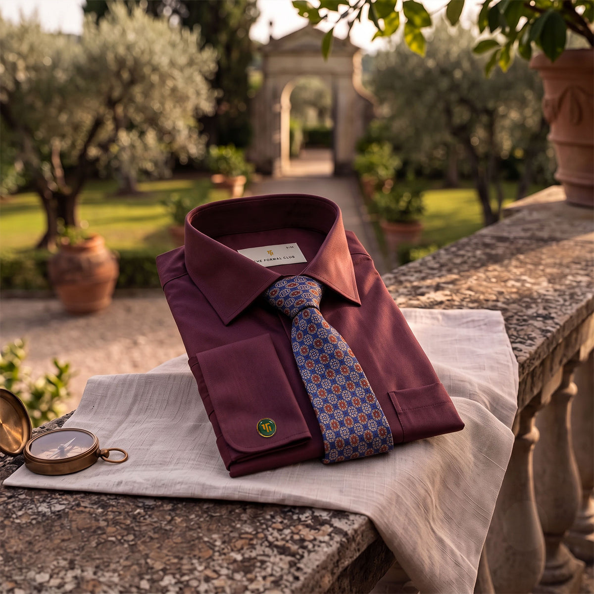 Premium Best-Seller French Cuff Giza Shirt In Wineberry & Cobalt/Wine Tie Combo