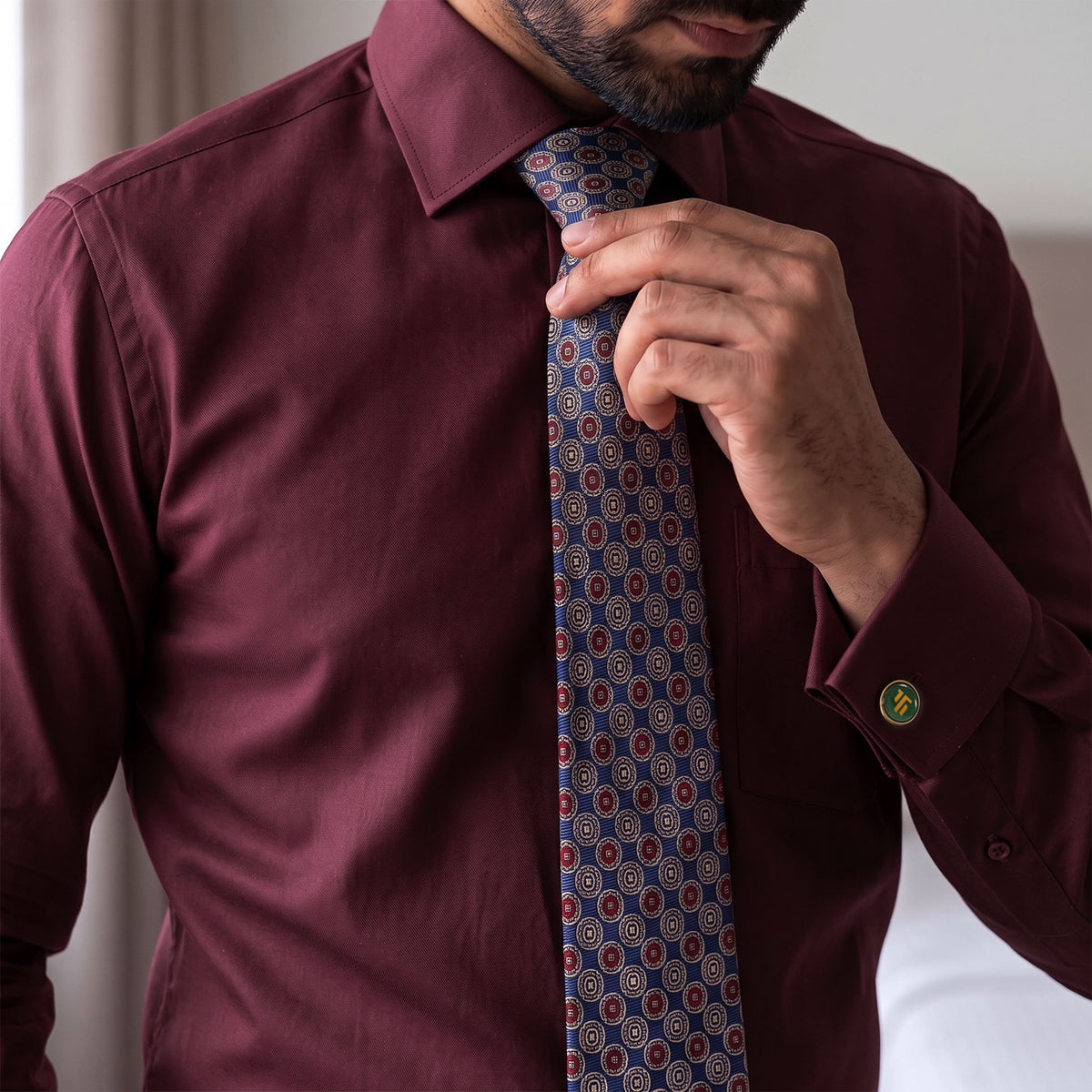 Premium Best-Seller French Cuff Giza Shirt In Wineberry & Cobalt/Wine Tie Combo