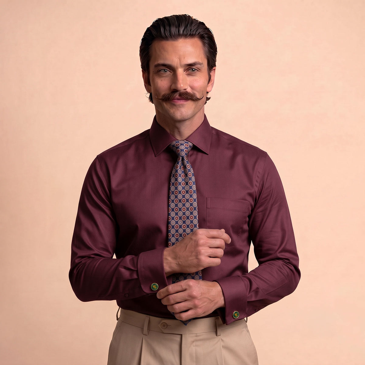 Premium Best-Seller French Cuff Giza Shirt In Wineberry & Cobalt/Wine Tie Combo