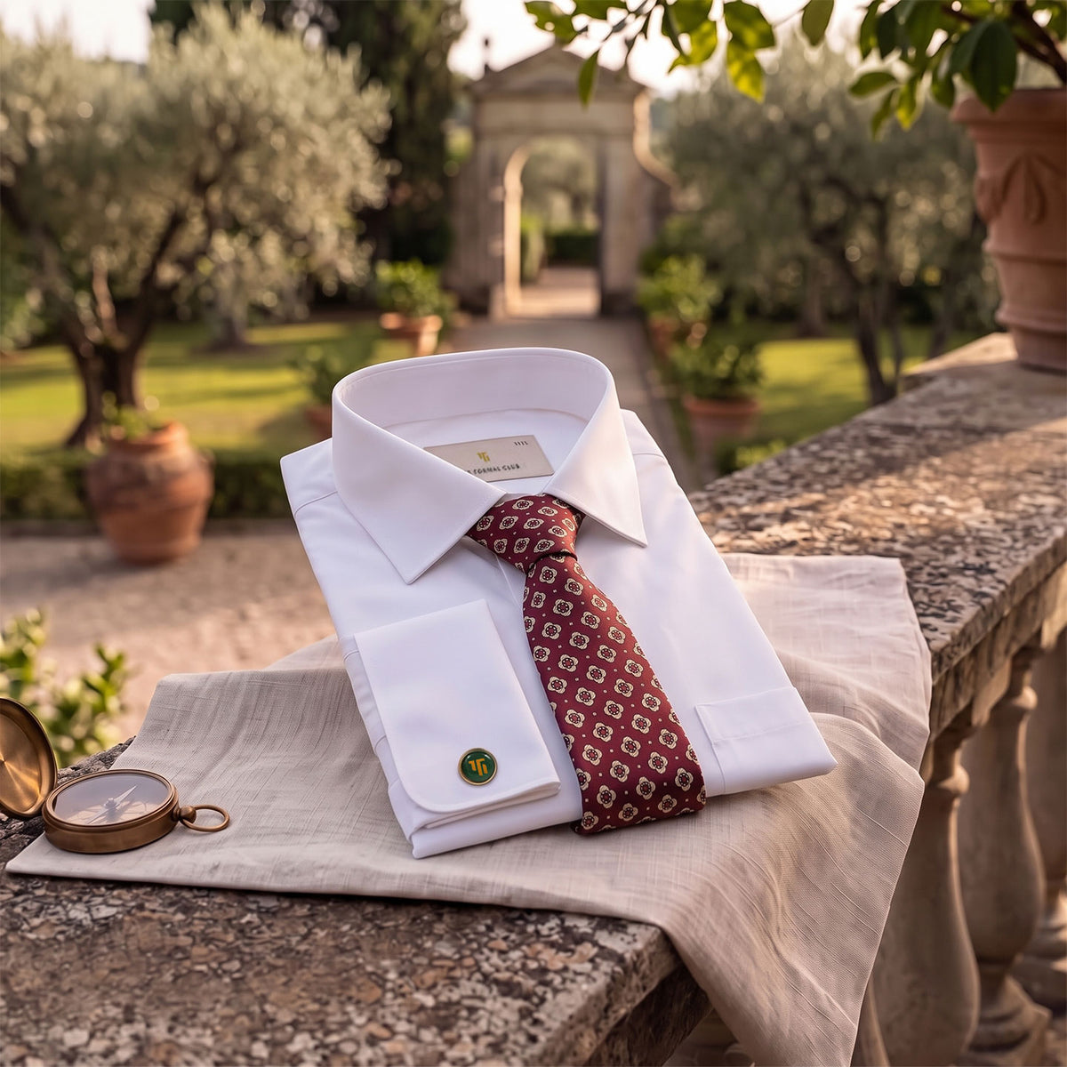 Premium Best-Seller French Cuff Giza Shirt In Snow & Red/Ecru Tie Combo