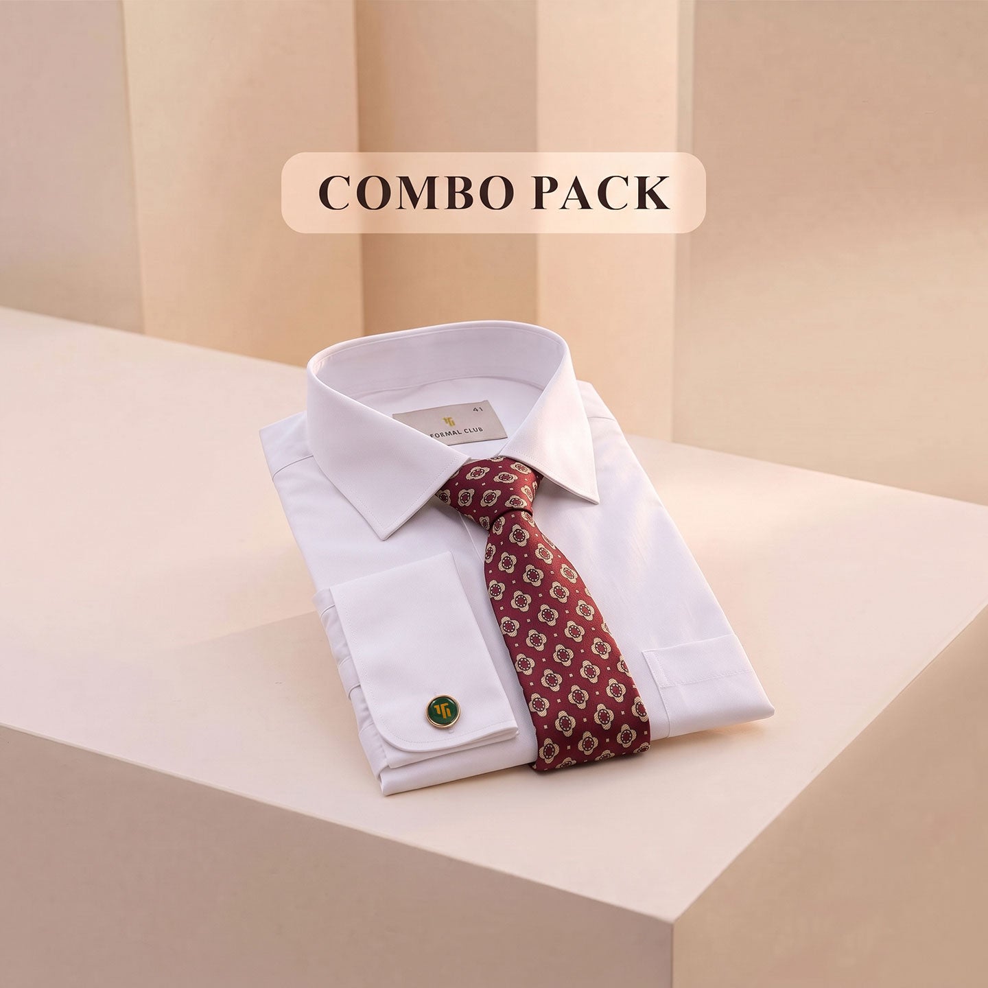 Premium Best-Seller French Cuff Giza Shirt In Snow & Red/Ecru Tie Combo