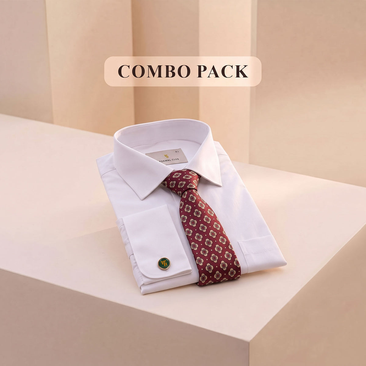 Premium Best-Seller French Cuff Giza Shirt In Snow & Red/Ecru Tie Combo