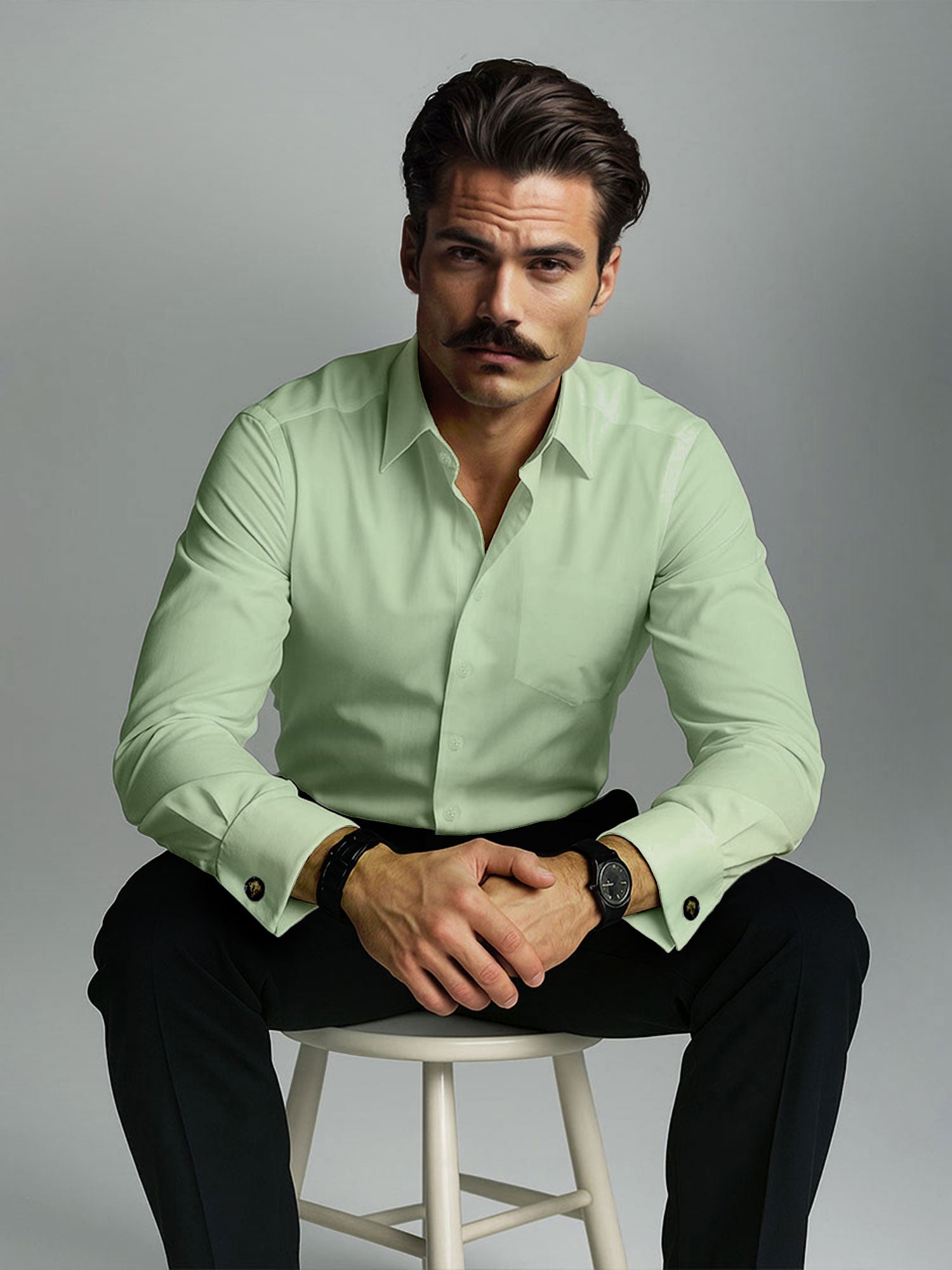 French Cuff Giza Cotton Shirt in Moss Green