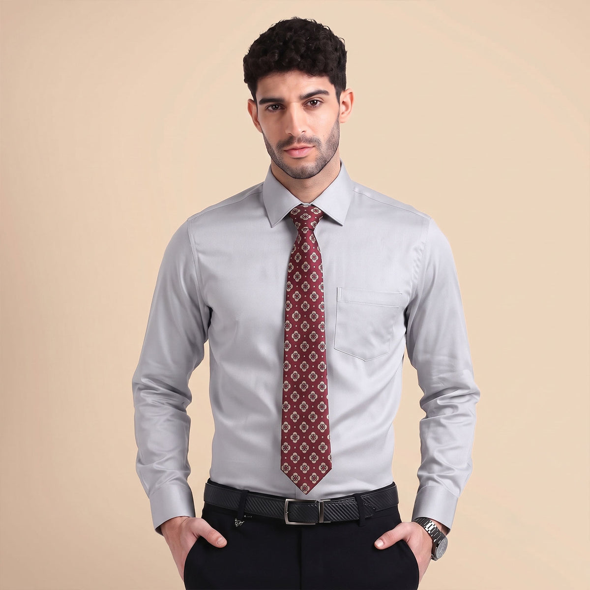 Premium Best-Seller Giza Shirt In Pewter & Red/Ecru Tie Combo