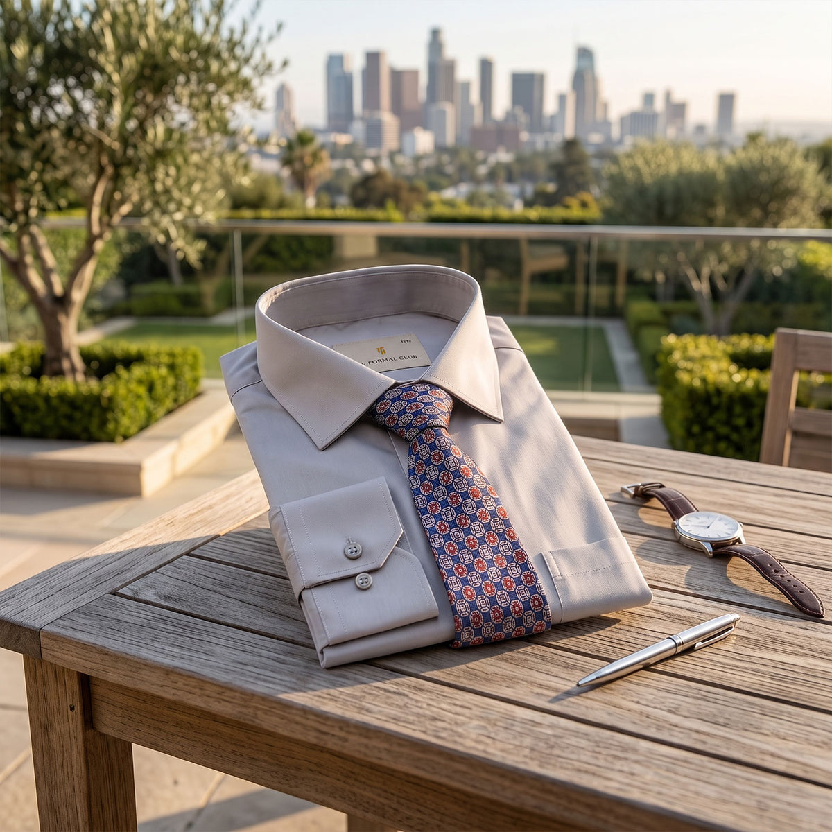 Premium Best-Seller Giza Shirt In Pewter & Cobalt/Wine Tie Combo
