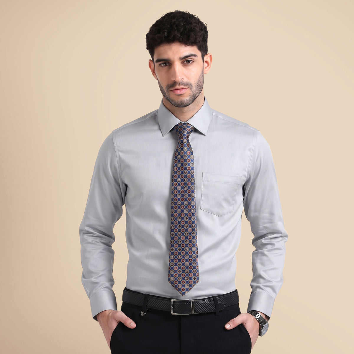 Premium Best-Seller Giza Shirt In Pewter & Cobalt/Wine Tie Combo