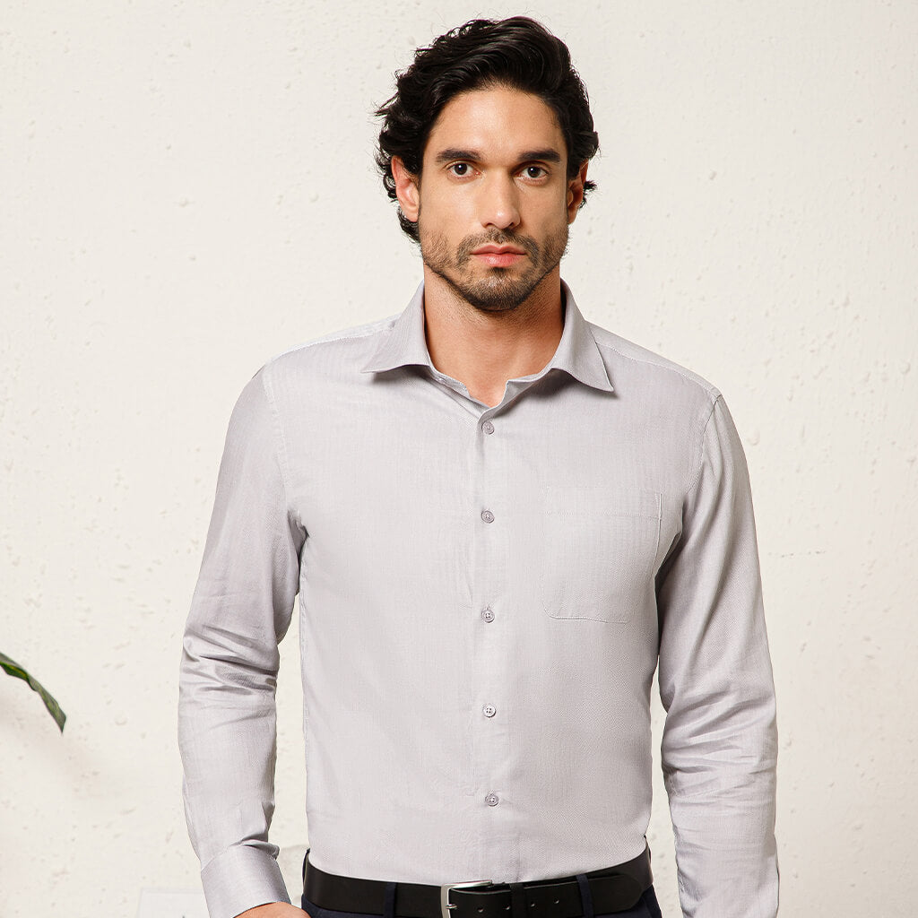 Imperial Herringbone Giza Shirt In Silver Grey