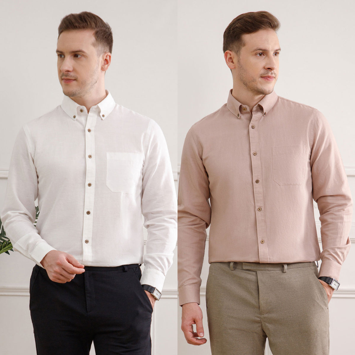 The Best Sellers of Breeze Linen Full Sleeves - 2 Shirt Pack - Ivory & Wood Rose