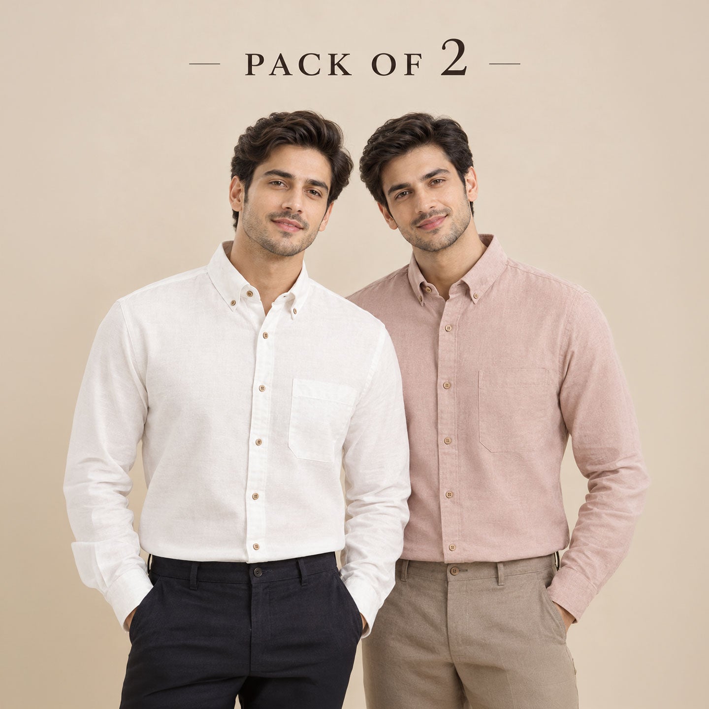 The Best Sellers of Breeze Linen Full Sleeves - 2 Shirt Pack - Ivory & Wood Rose