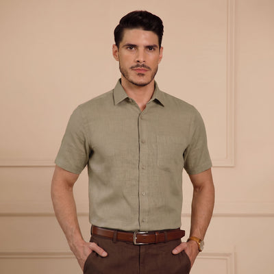Cedar Pure Linen Half Sleeves Shirt In Latte
