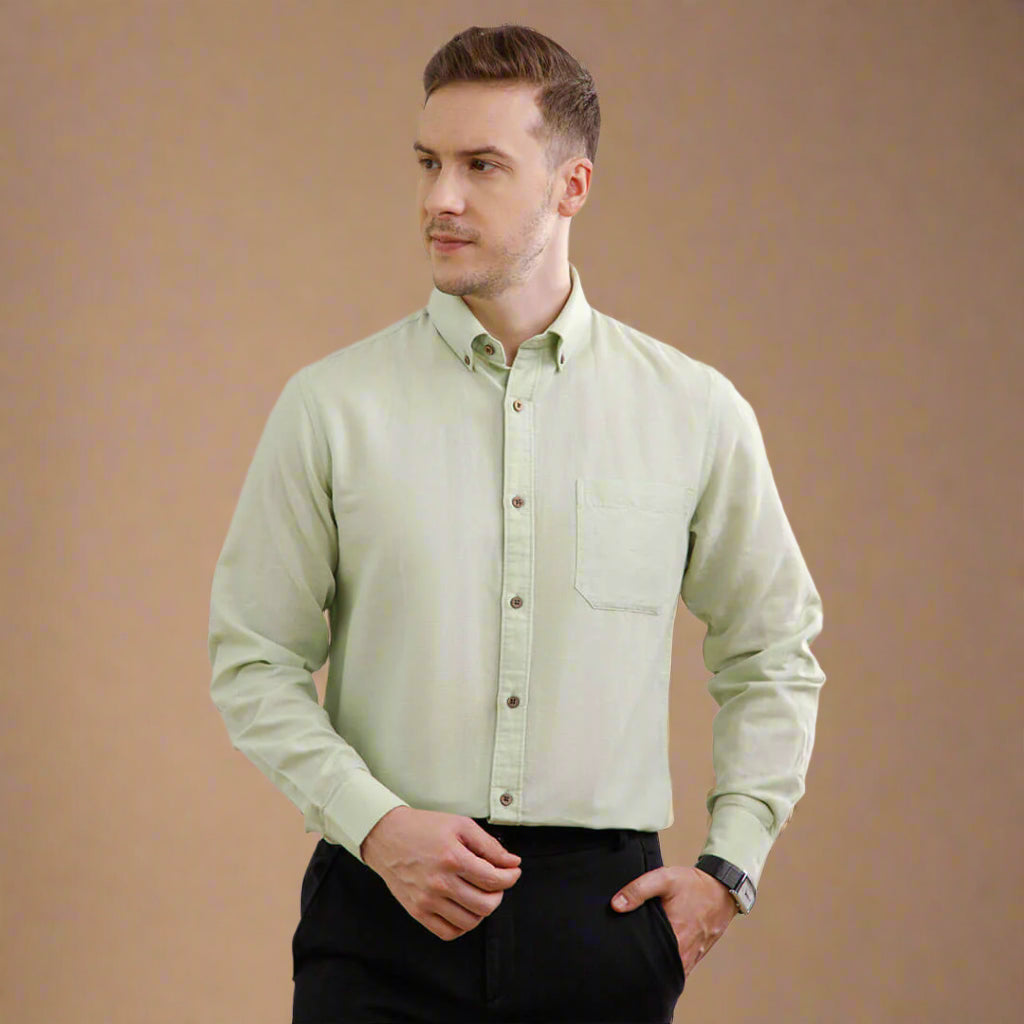 Breeze Linen Full Sleeves Shirt In Leaf Green