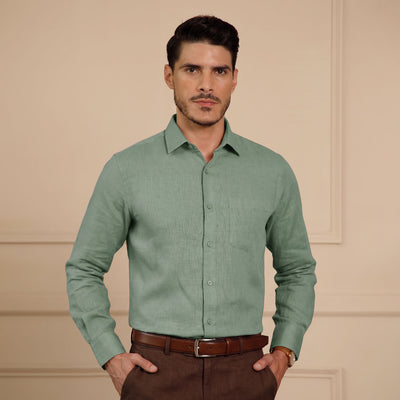 Cedar Pure Linen Full Sleeves Shirt In Moss Green