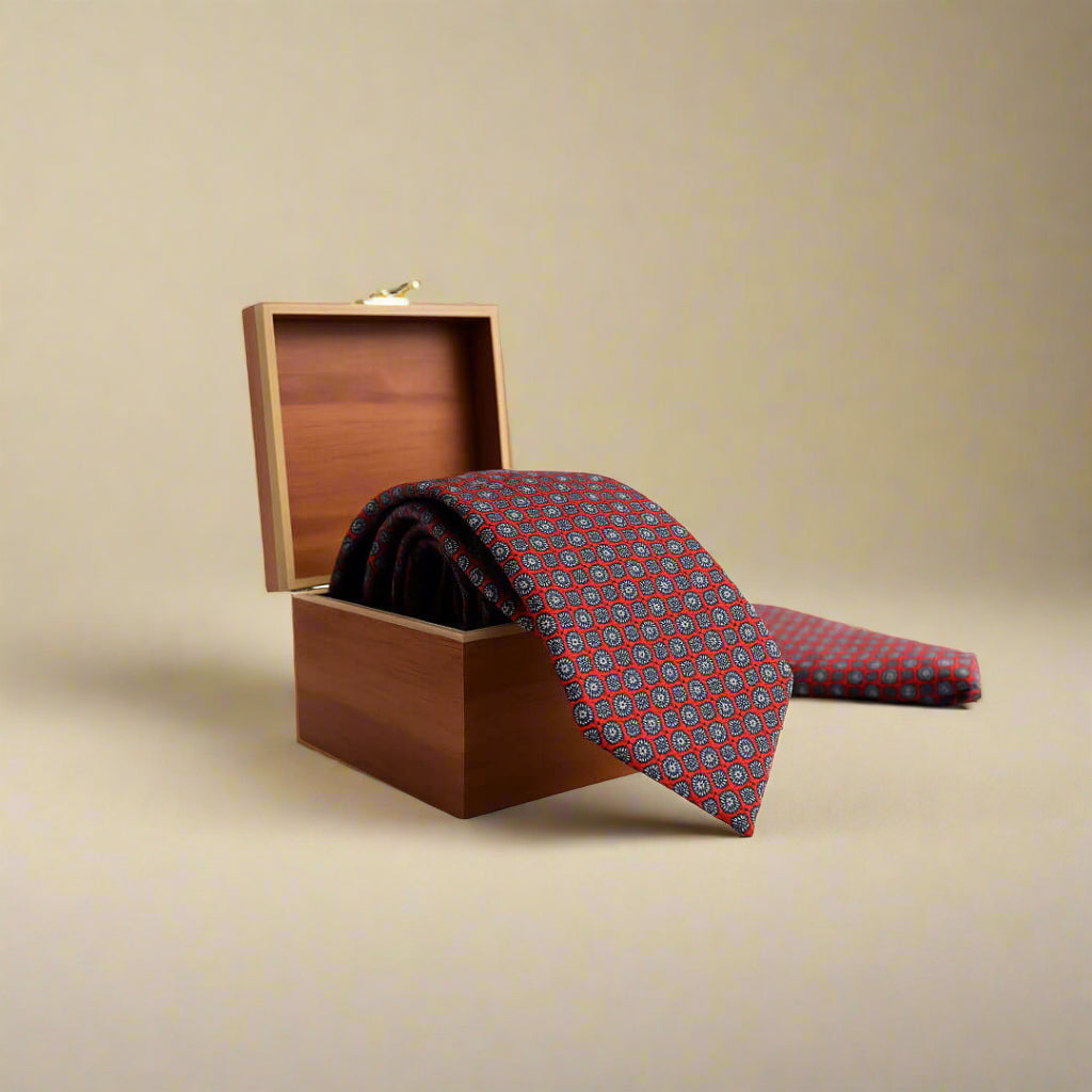 Monarch Geometric Handmade Tie & Pocket Square in Red & Blue