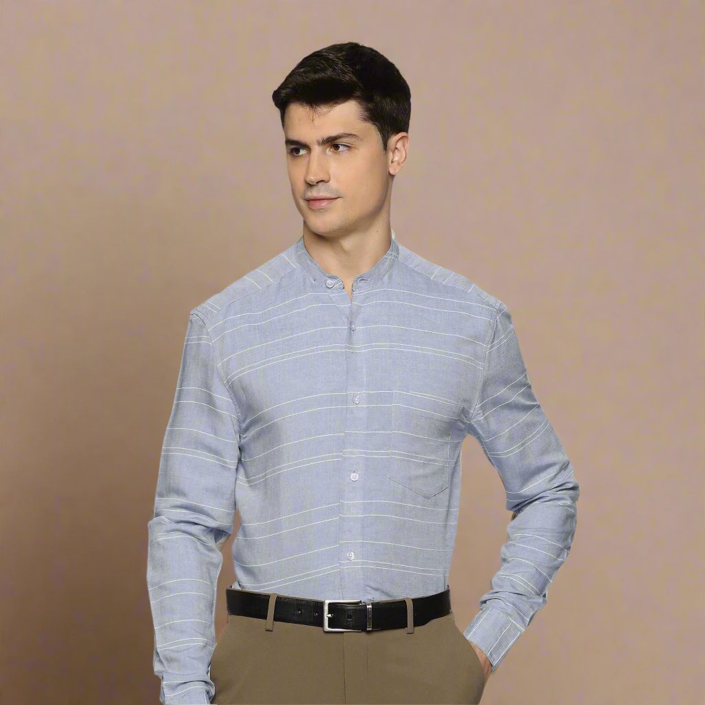 Skyline Stripes Mandarin Shirt In Navy Blue