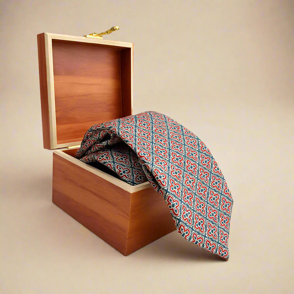 Heritage Geometric Handmade Tie & Pocket Square in Red & Navy