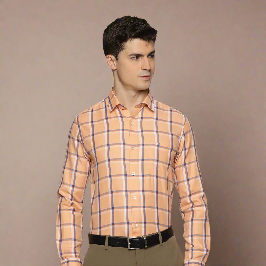 Vento Twill Check Shirt in Peach Blue