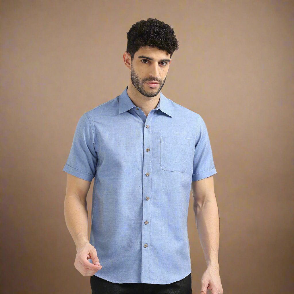 Woods Lyocell Short Sleeve Shirt in Blue Melange