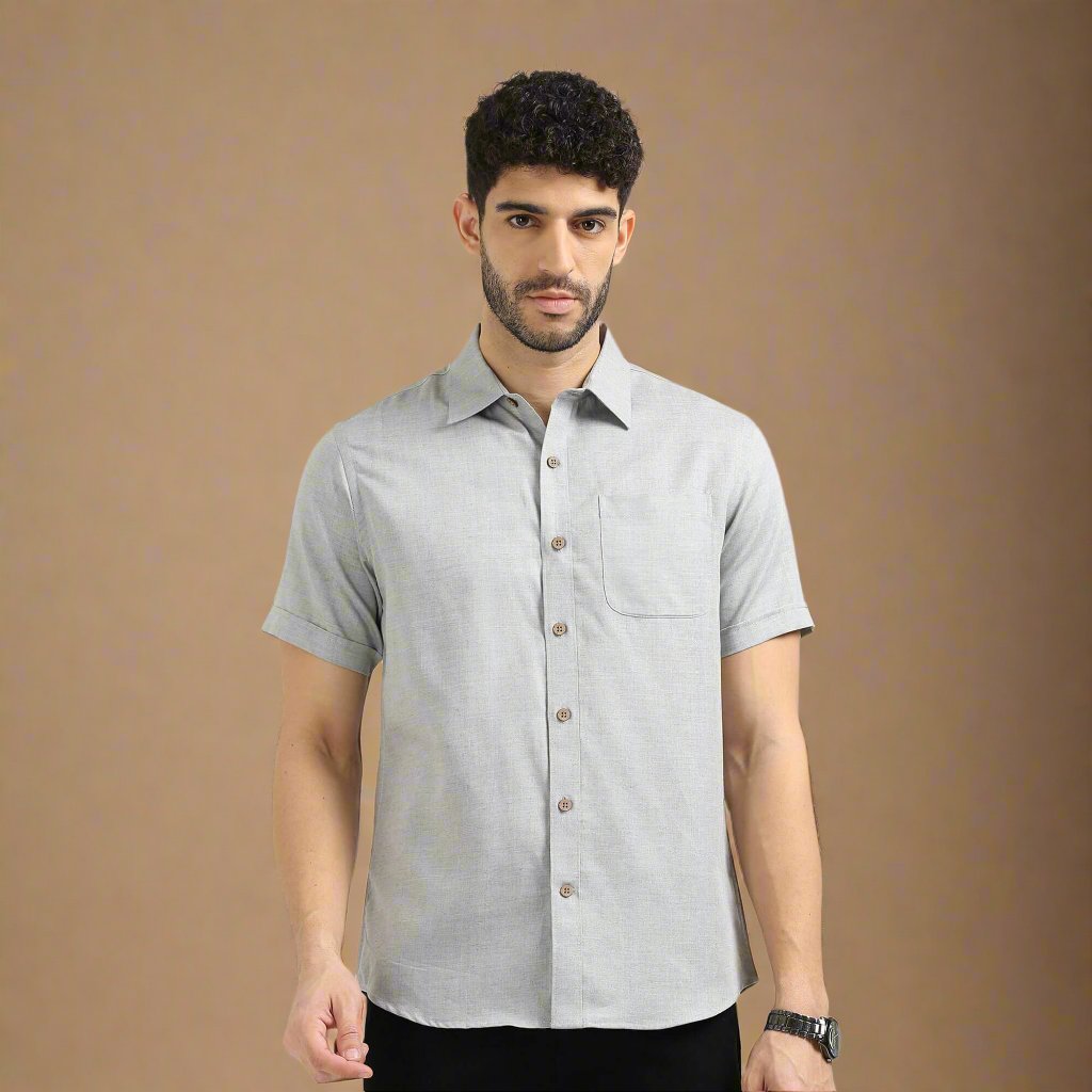 Woods Lyocell Short Sleeve Shirt In Grey Melange