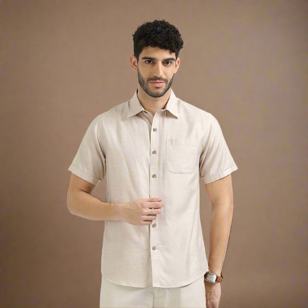 Woods Lyocell Short Sleeve Shirt In Sand Melange