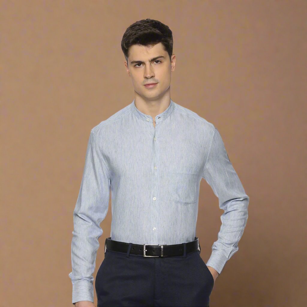 Blue Men'S Cotton Solid Mandarin Collar Formal Shirts