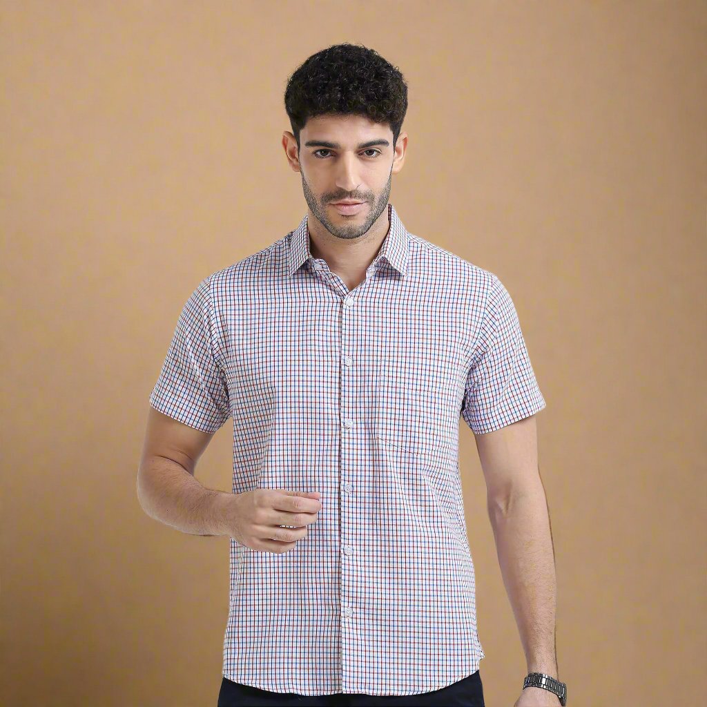 Ashley Half Sleeve Check Shirt In Zephyr Red/Blue