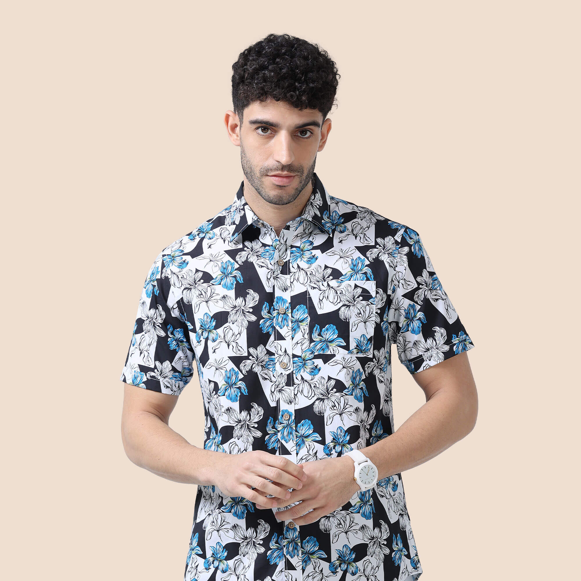 Ashley Cotton Shirt In Black/ Blue Floral Print