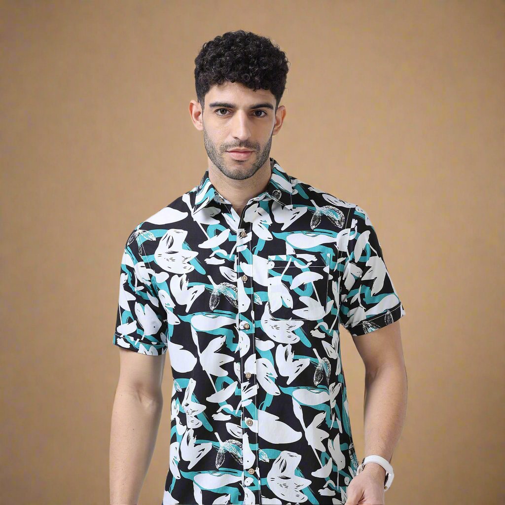 Ashley Cotton Shirt In Teal / Black Abstract Print