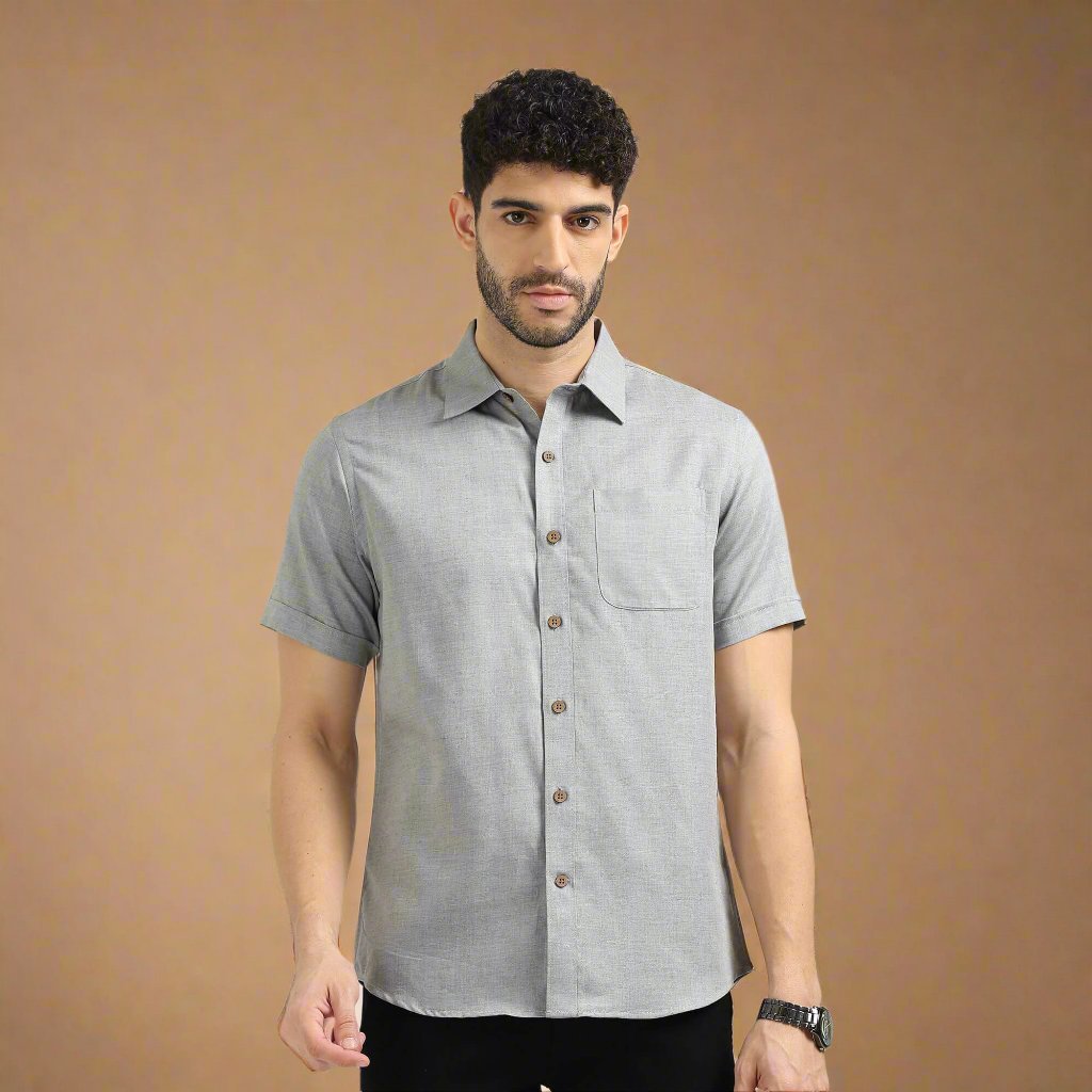 Woods Lyocell Short Sleeve Shirt In Charcoal Melange