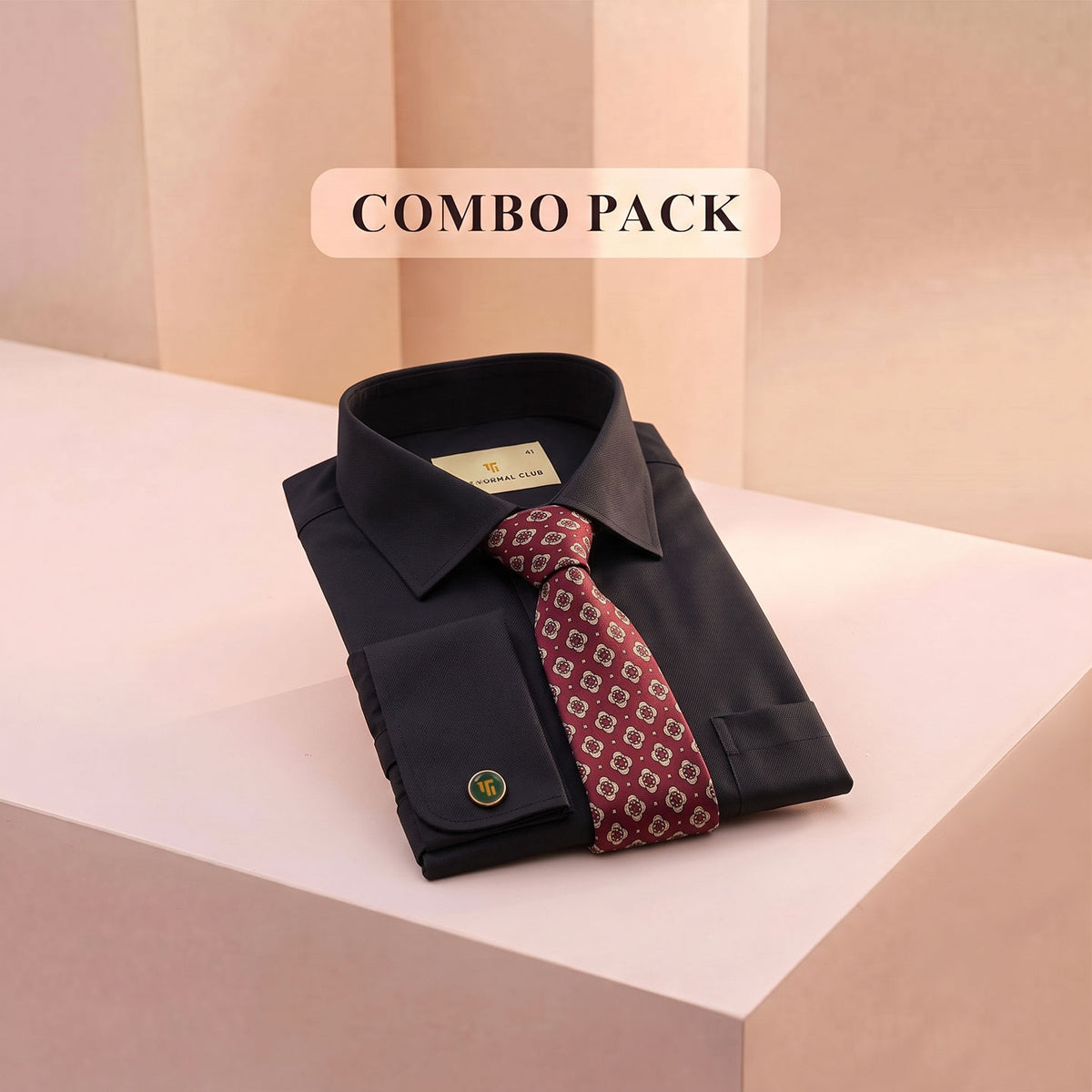 Premium Best-Seller French Cuff Giza Shirt In Raven & Red/Ecru Tie Combo
