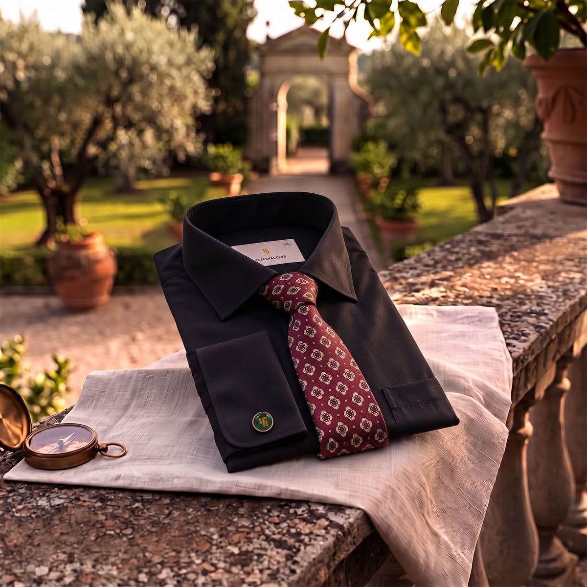 Premium Best-Seller French Cuff Giza Shirt In Raven & Red/Ecru Tie Combo