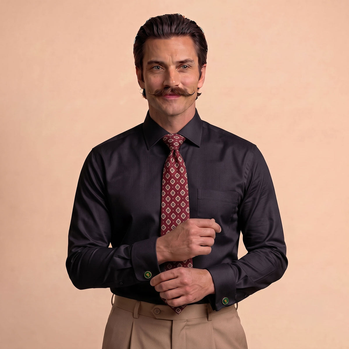 Premium Best-Seller French Cuff Giza Shirt In Raven & Red/Ecru Tie Combo