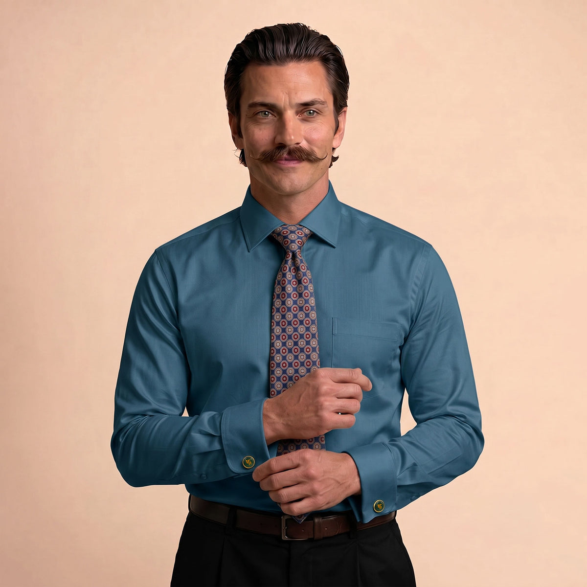 Premium Best-Seller French Cuff Giza Shirt In Slate Blue & Cobalt/Wine Tie Combo