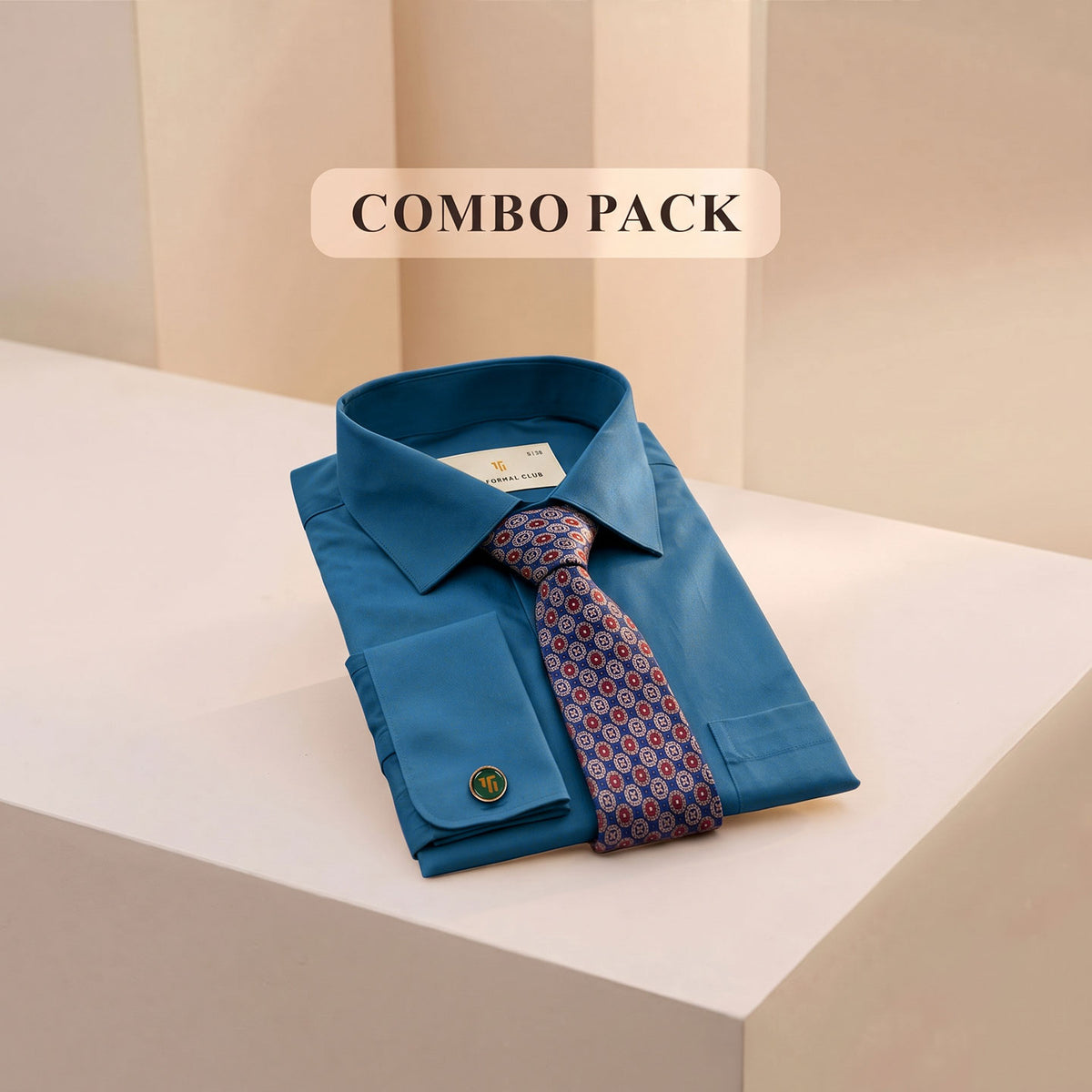 Premium Best-Seller French Cuff Giza Shirt In Slate Blue & Cobalt/Wine Tie Combo