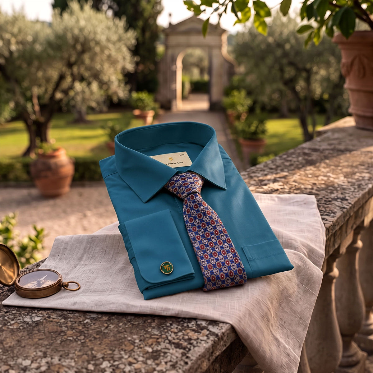 Premium Best-Seller French Cuff Giza Shirt In Slate Blue & Cobalt/Wine Tie Combo
