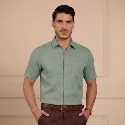 Cedar Pure Linen Half Sleeves Shirt In Sage Green