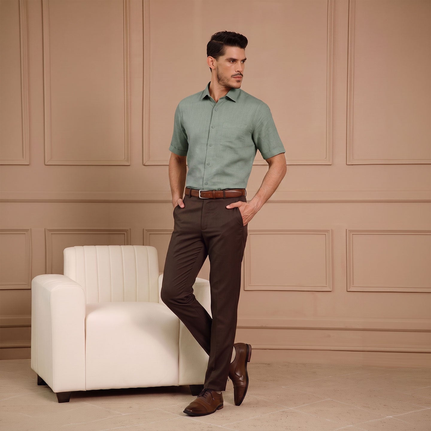 Cedar Pure Linen Half Sleeves Shirt In Sage Green