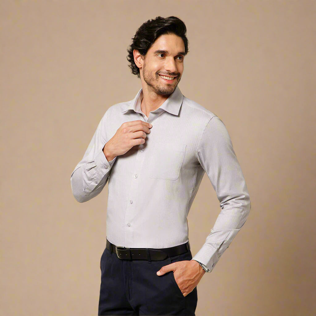 Imperial Herringbone Giza Shirt In Silver Grey
