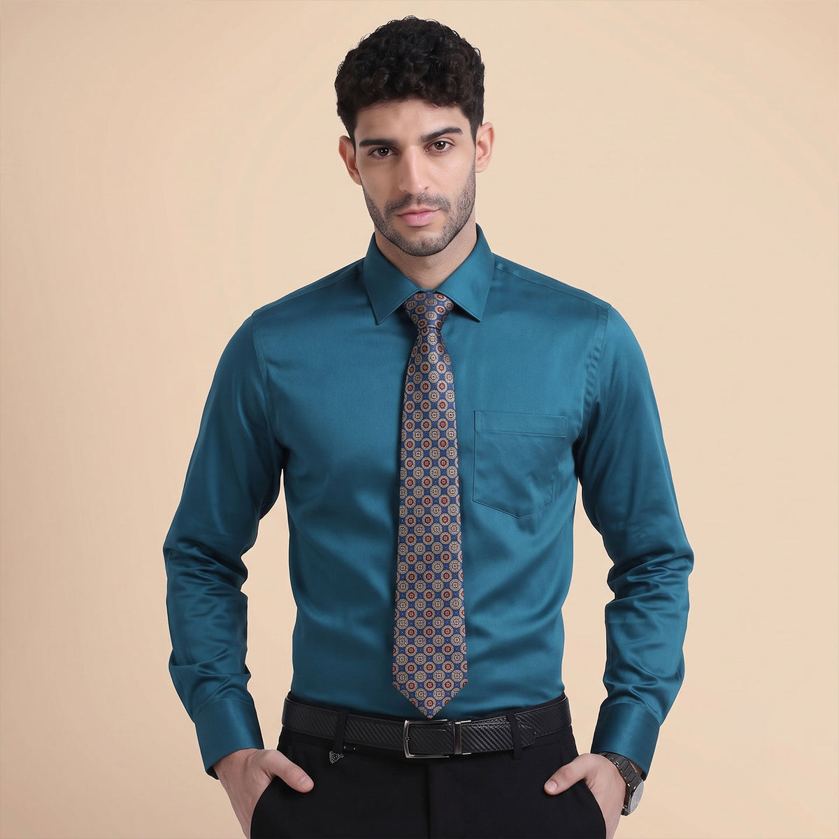Premium Best-Seller Giza Shirt In Slate Blue & Cobalt/Wine Tie Combo