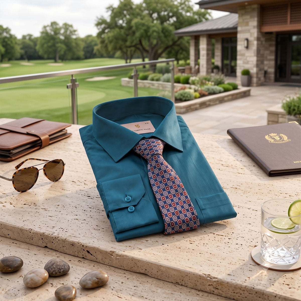 Premium Best-Seller Giza Shirt In Slate Blue & Cobalt/Wine Tie Combo