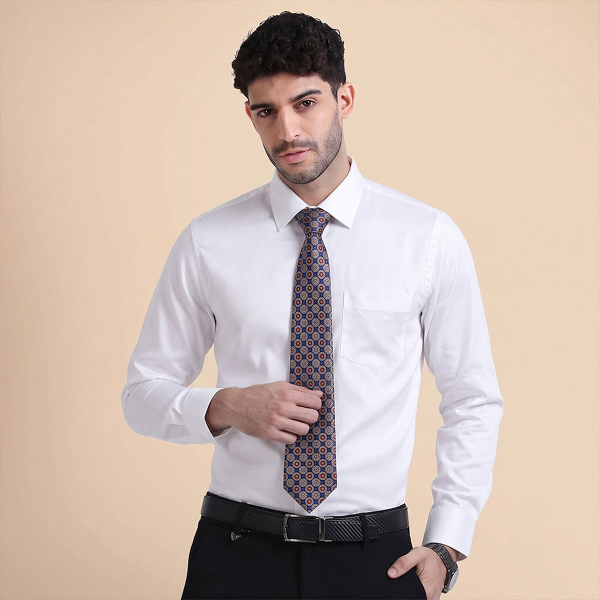 Premium Best-Seller Giza Shirt In Snow & Cobalt/Wine Tie Combo