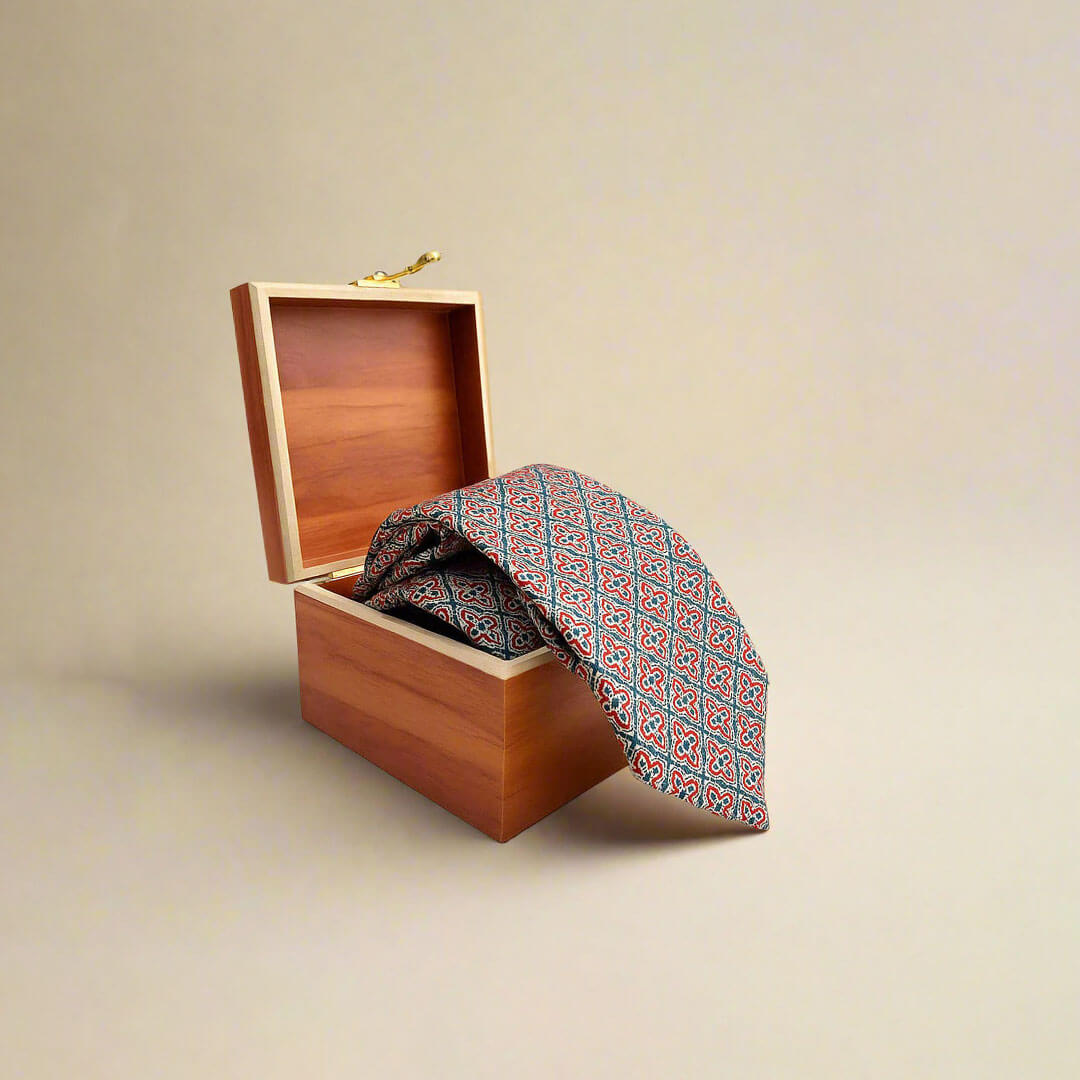 Heritage Geometric Handmade Tie & Pocket Square in Red & Navy