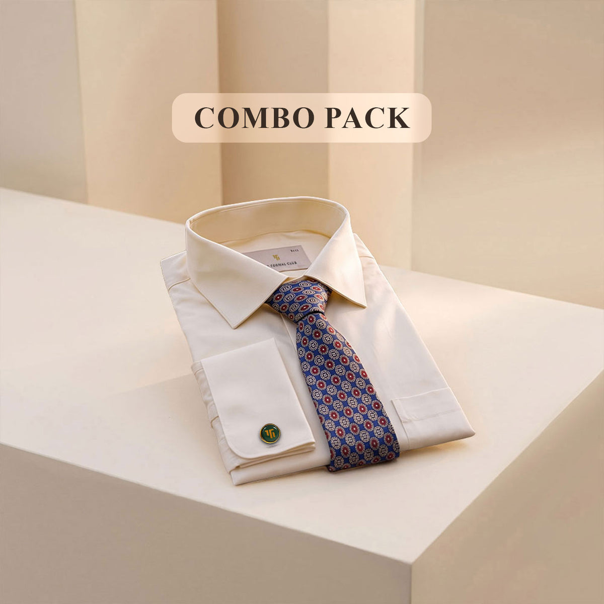 Premium Best-Seller French Cuff Giza Shirt In Lemon Frost & Cobalt/Wine Tie Combo