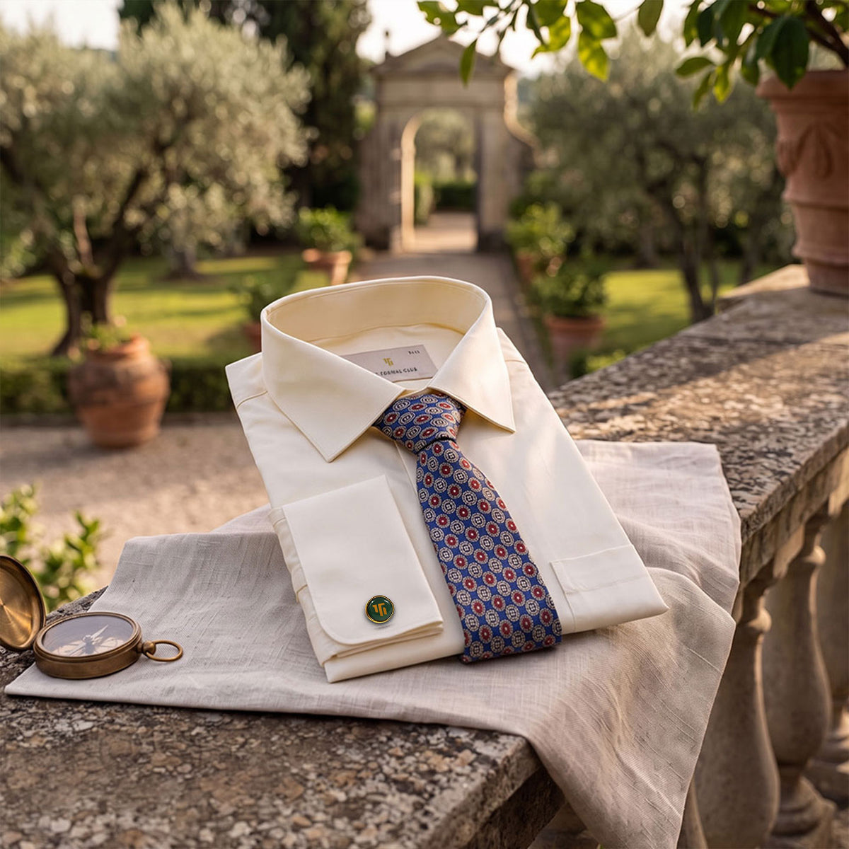 Premium Best-Seller French Cuff Giza Shirt In Lemon Frost & Cobalt/Wine Tie Combo