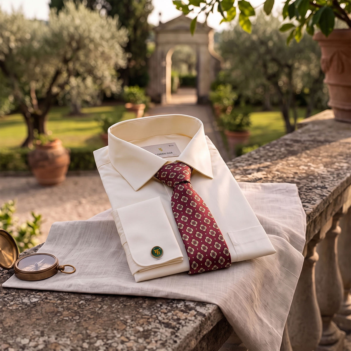 Premium Best-Seller French Cuff Giza Shirt In Lemon Frost & Red/Ecru Tie Combo