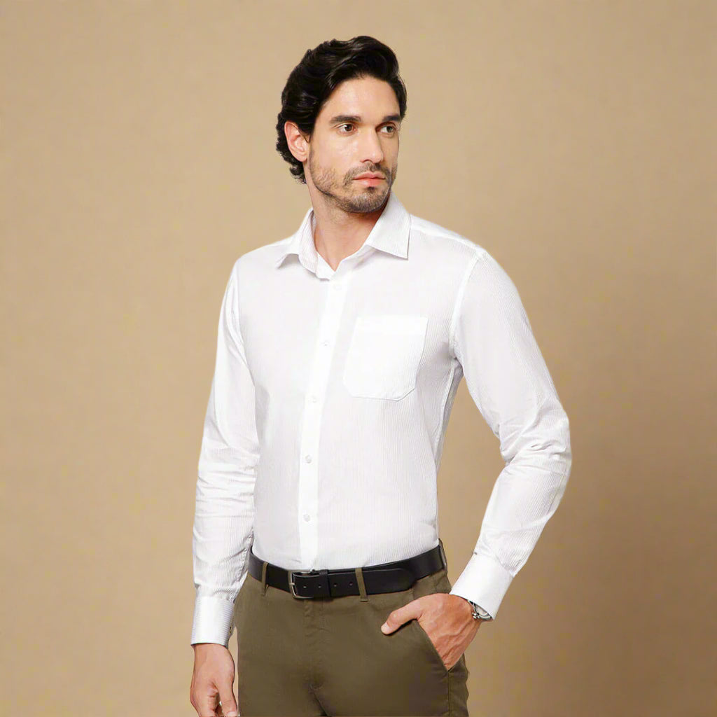 Crest Self Stripe French Cuff Giza Shirt in Cloud White
