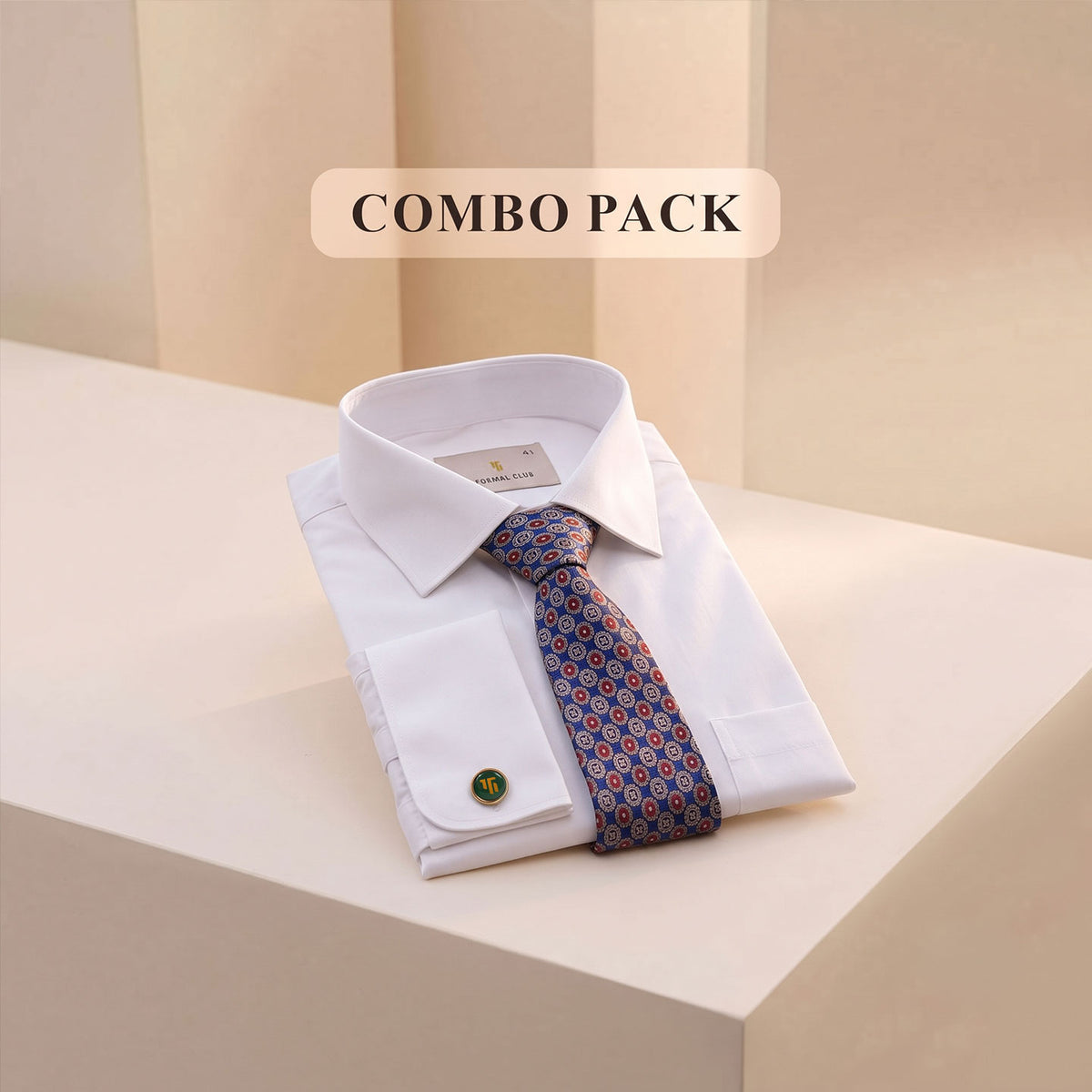 Premium Best-Seller French Cuff Giza Shirt In Snow & Cobalt/Wine Tie Combo
