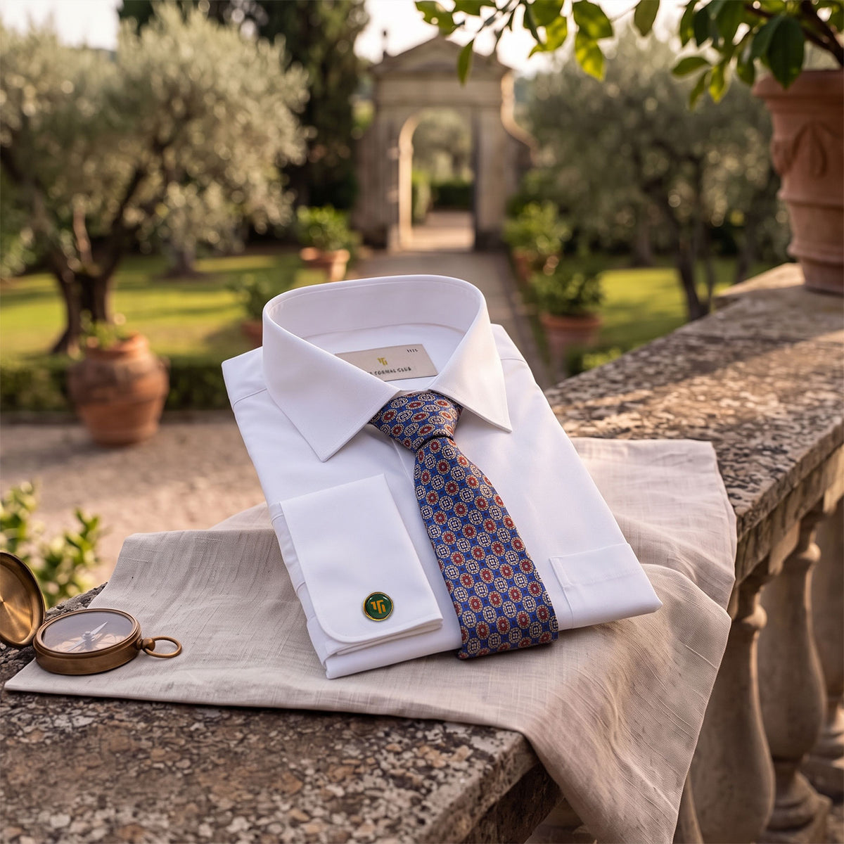 Premium Best-Seller French Cuff Giza Shirt In Snow & Cobalt/Wine Tie Combo