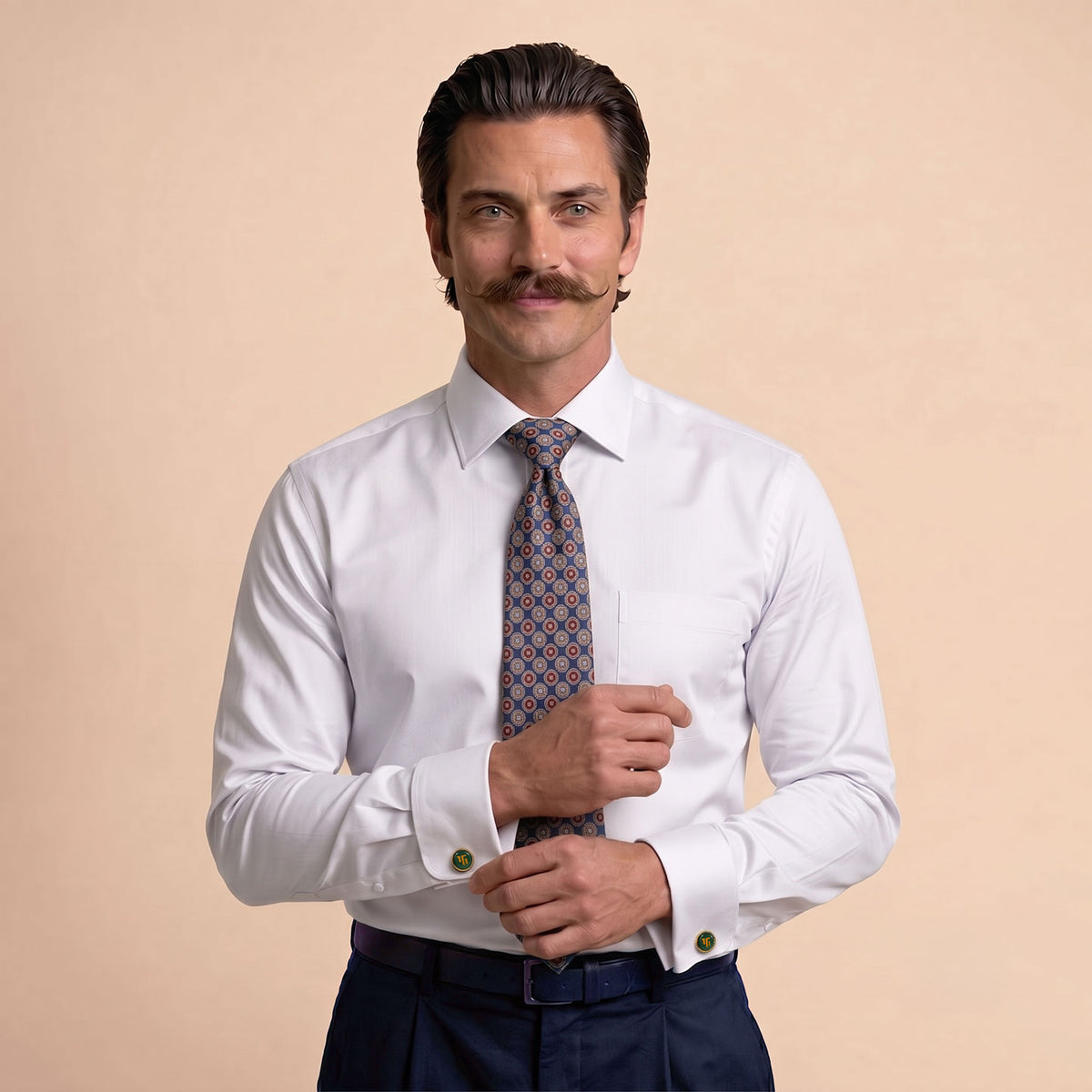 Premium Best-Seller French Cuff Giza Shirt In Snow & Cobalt/Wine Tie Combo