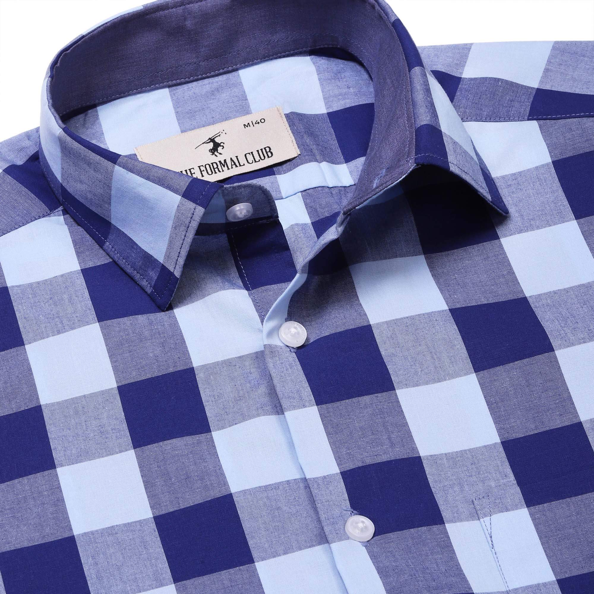 Zephyr Check Shirt In Navy Blue Slim Fit - The Formal Club